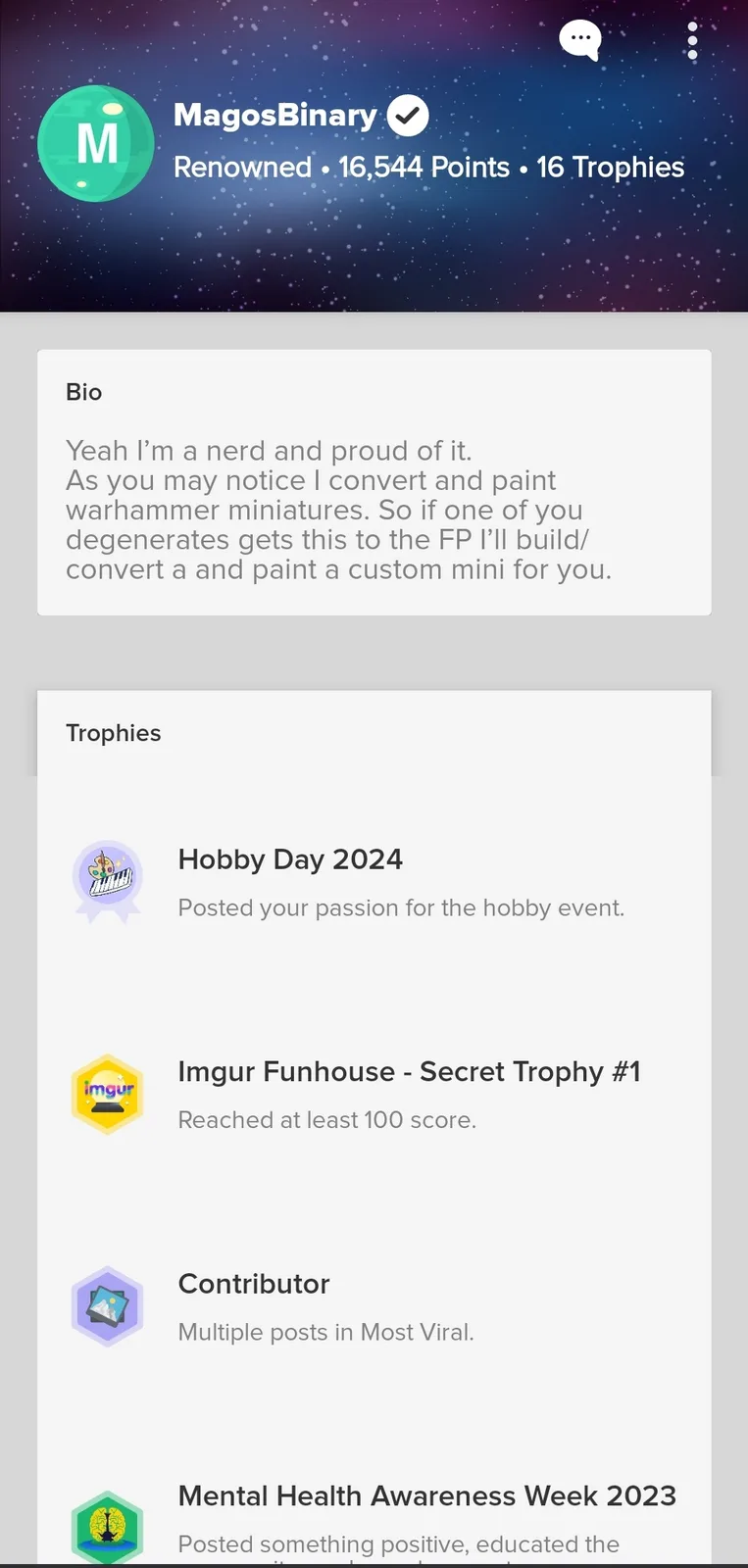 A screenshot of an Imgur user profile for 'MagosBinary' showing their bio text overlaid on the profile page. The bio reads…