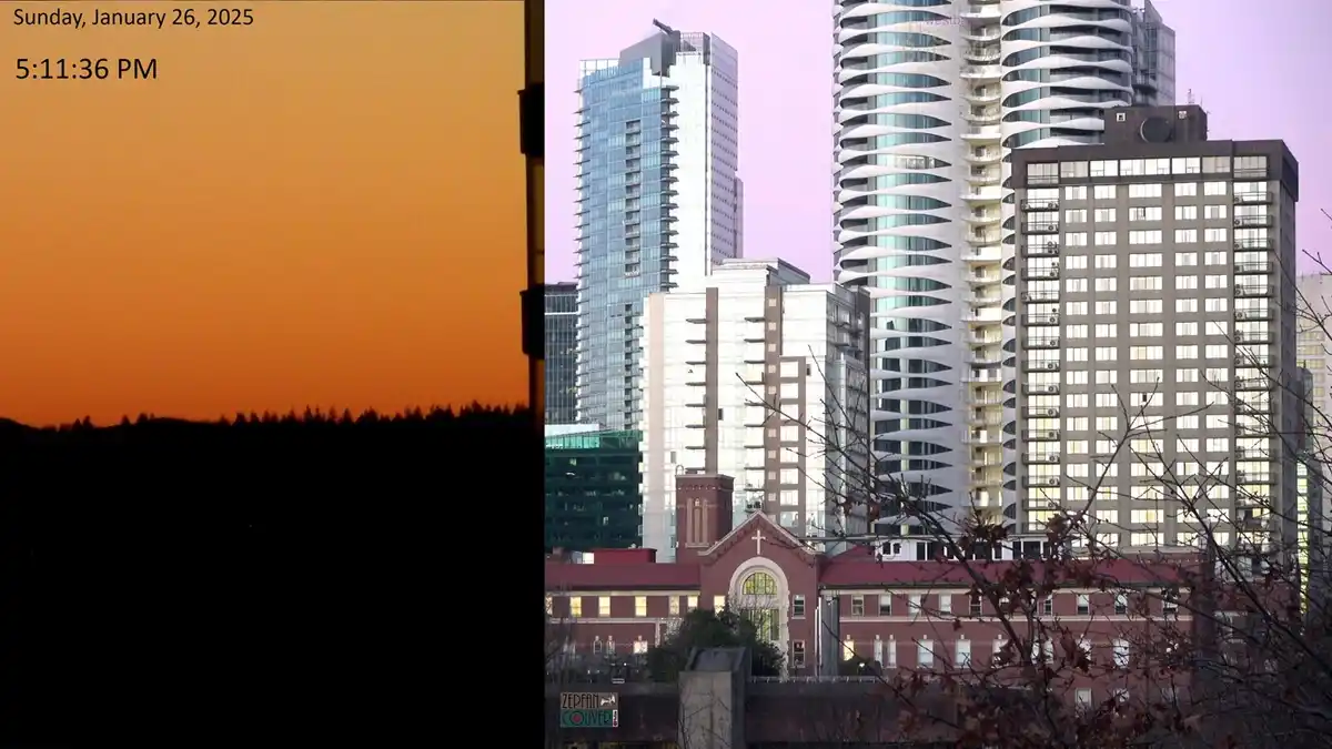 The image is split vertically: the left side shows a vibrant orange sunset over a dark treeline with the date and time…