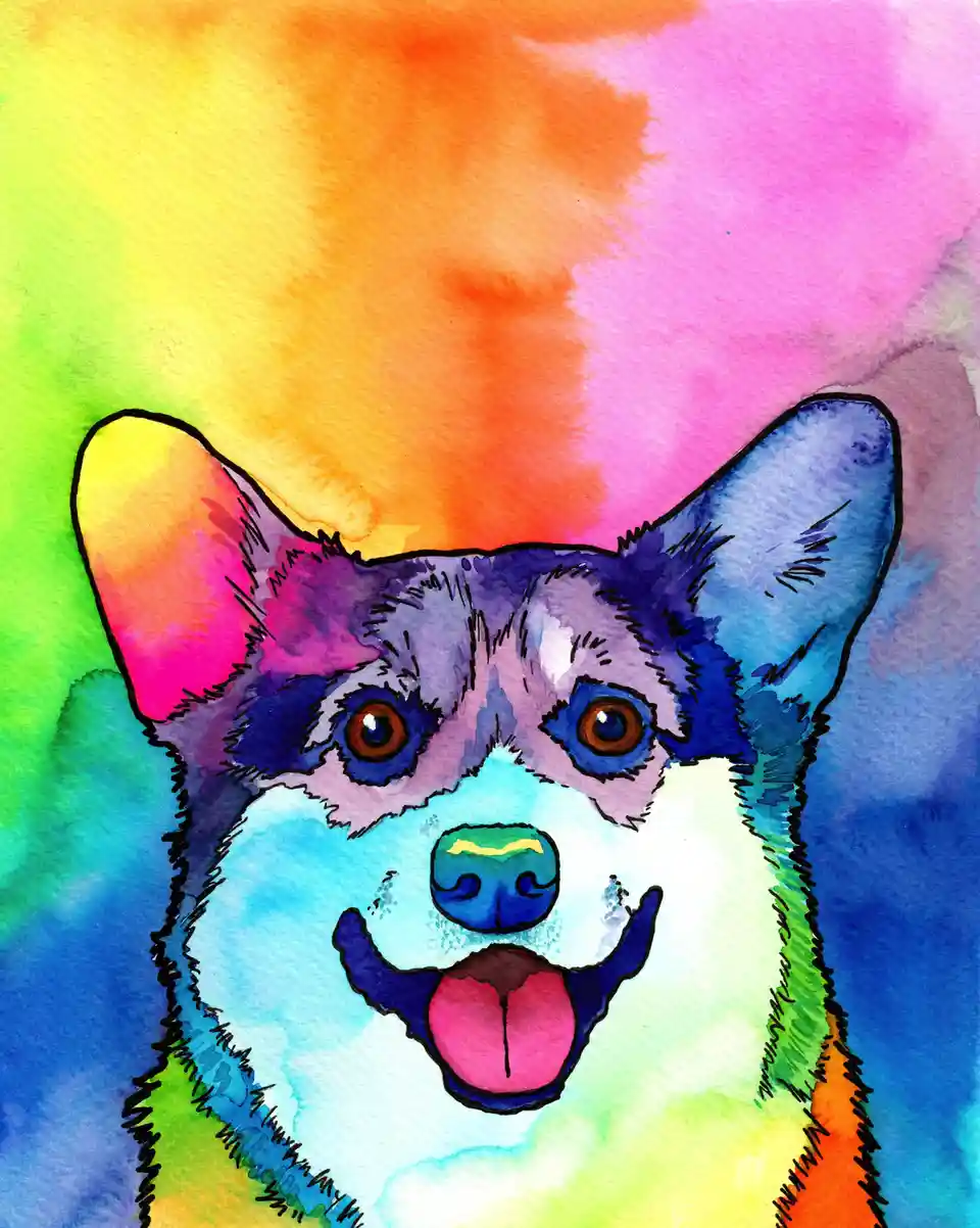 A vibrant watercolor painting of a dog's face with a rainbow-colored background and multicolored fur, featuring a happy…
