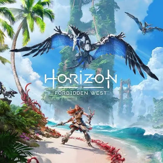 A promotional image for the video game 'Horizon Forbidden West' shows a female protagonist in tribal armor standing on a…