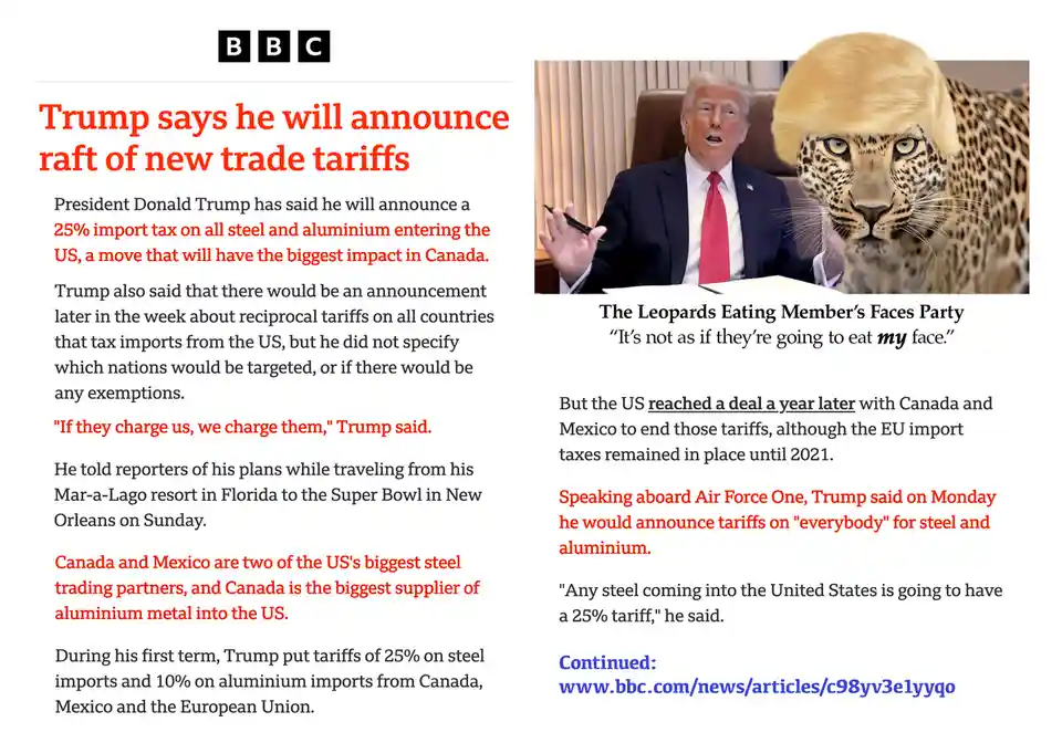 The image is a BBC news article about Trump announcing new tariffs, with a photo of Donald Trump next to a leopard wearing a…