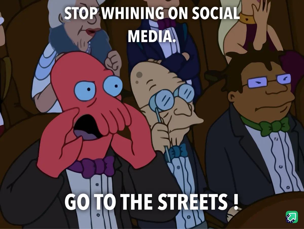 An image from the animated show 'Futurama' shows a red octopus-like character in a tuxedo with a shocked expression, hands…