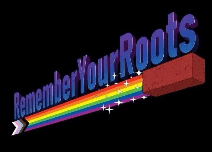 A retro-style graphic with the text 'Remember Your Roots' in bold blue 3D letters, angled diagonally across a black…