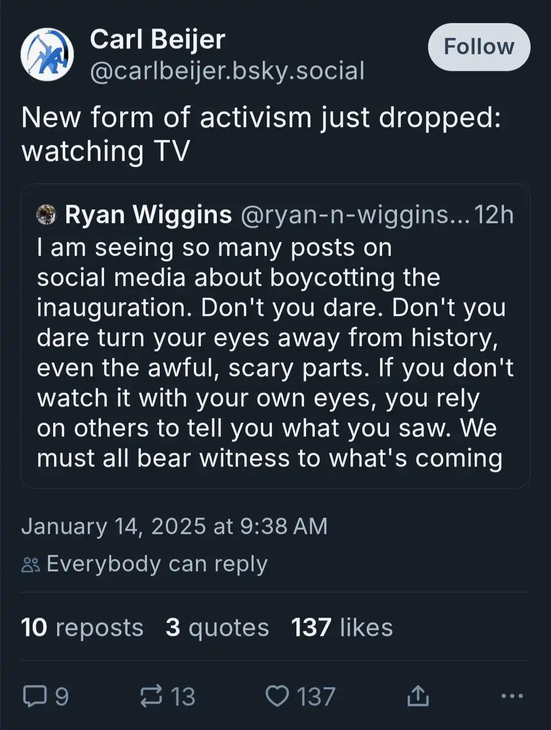 A screenshot of a social media post by Carl Beijer, replying to a tweet from Ryan Wiggins. Ryan's tweet urges people not to…