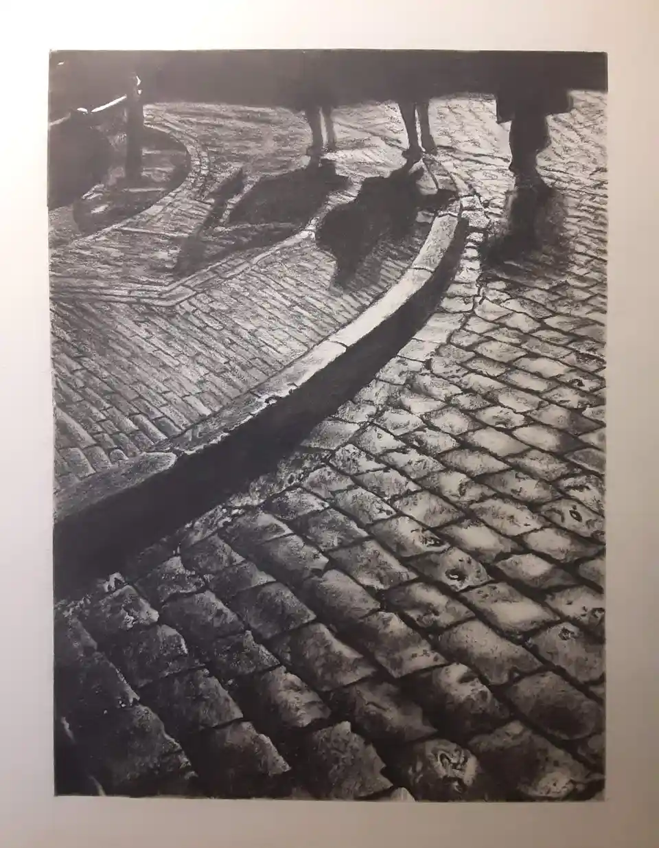 A black-and-white photograph shows a cobblestone street with a curved, raised curb casting a long shadow. The image is…
