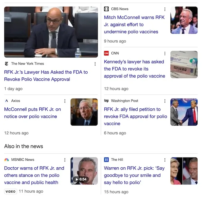 A screenshot of a Google News results page showing multiple headlines about RFK Jr. and his legal team seeking to revoke the…