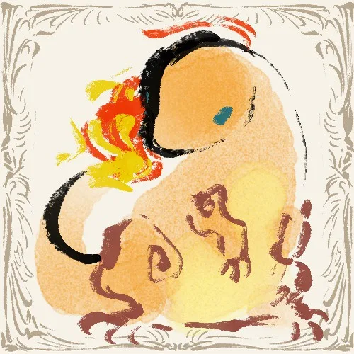A stylized, watercolor-like illustration of a small, orange, dinosaur-like creature with a flame on its tail and a blue eye…