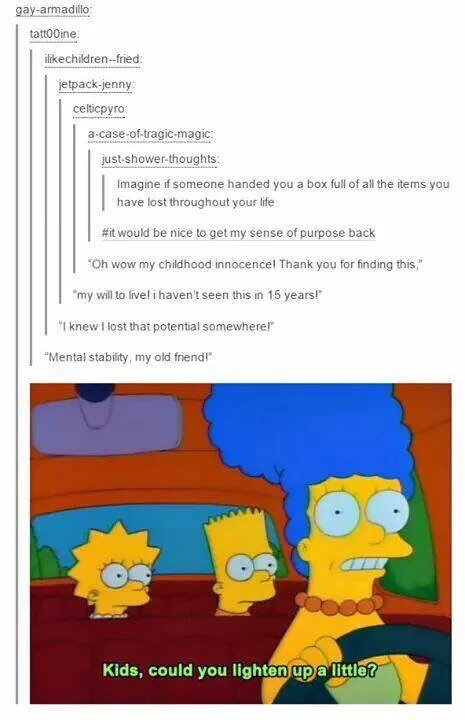 The image shows Marge Simpson driving a car with Bart and Lisa Simpson in the backseat. All three characters have wide…