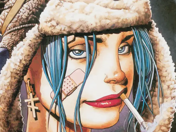 A close-up illustration of a woman with blue hair, wearing a fluffy fur-lined hat and smoking a cigarette. She has a bandage…