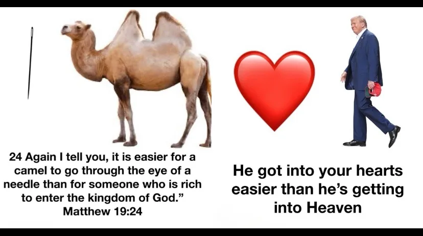 The image displays a side-by-side comparison: on the left, a camel standing next to a needle with the biblical verse Matthew…