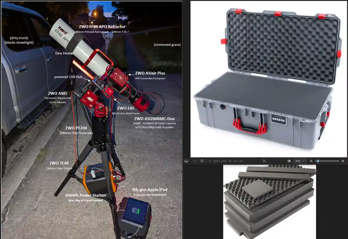 The image displays a complex, expensive astronomy setup with labeled components like a ZWO FF80 APO Refractor, mount…