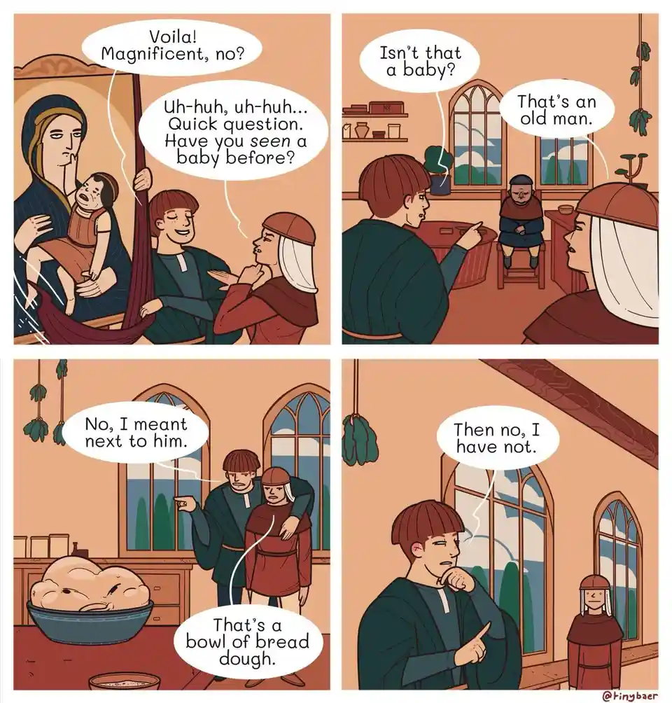 A four-panel comic depicts a medieval-style scene where a man asks if someone has seen a baby, leading to a series of…
