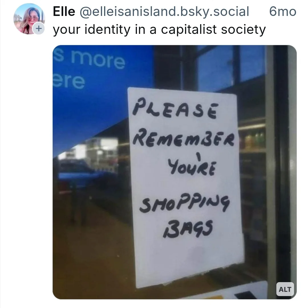 A handwritten sign taped to a store window reads 'PLEASE REMEMBER You're SHOPPING BAGS' in all caps and lowercase. The sign…