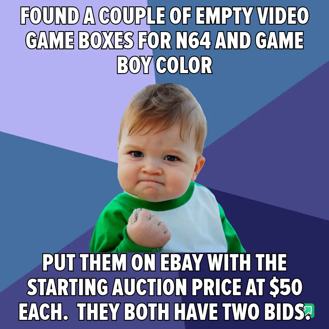 A baby with a smug, self-satisfied expression, wearing a green and white shirt, is shown against a purple and blue geometric…
