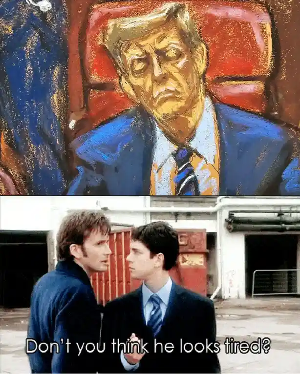 The top panel shows a chalk drawing of a man with a weary expression, wearing a blue suit and tie, seated in a red chair…