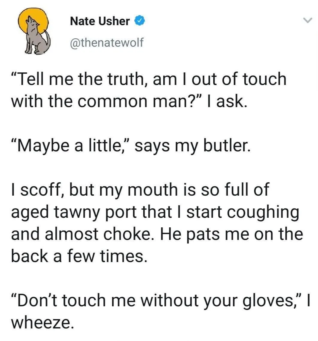 A screenshot of a tweet by Nate Usher (@thenatewolf) featuring a humorous short story. The text describes a man asking his…