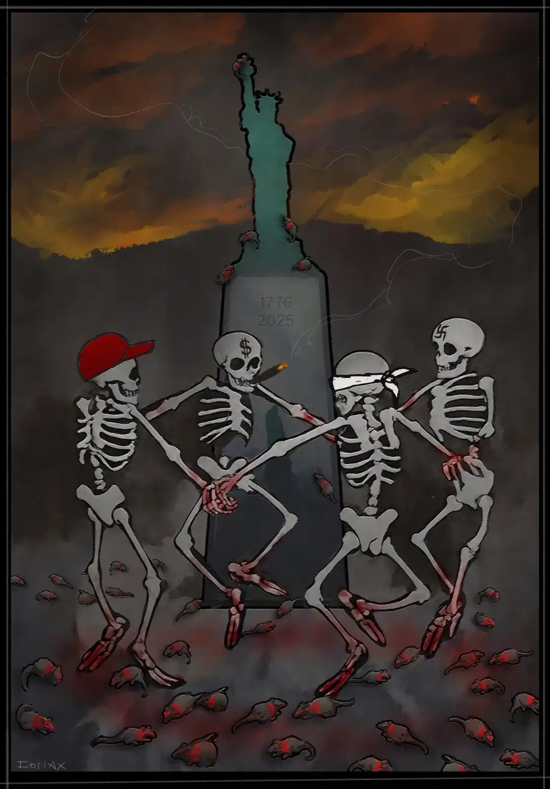 Four skeletons dance in front of a stylized Statue of Liberty with '1776 2025' inscribed on its pedestal. The skeletons wear…