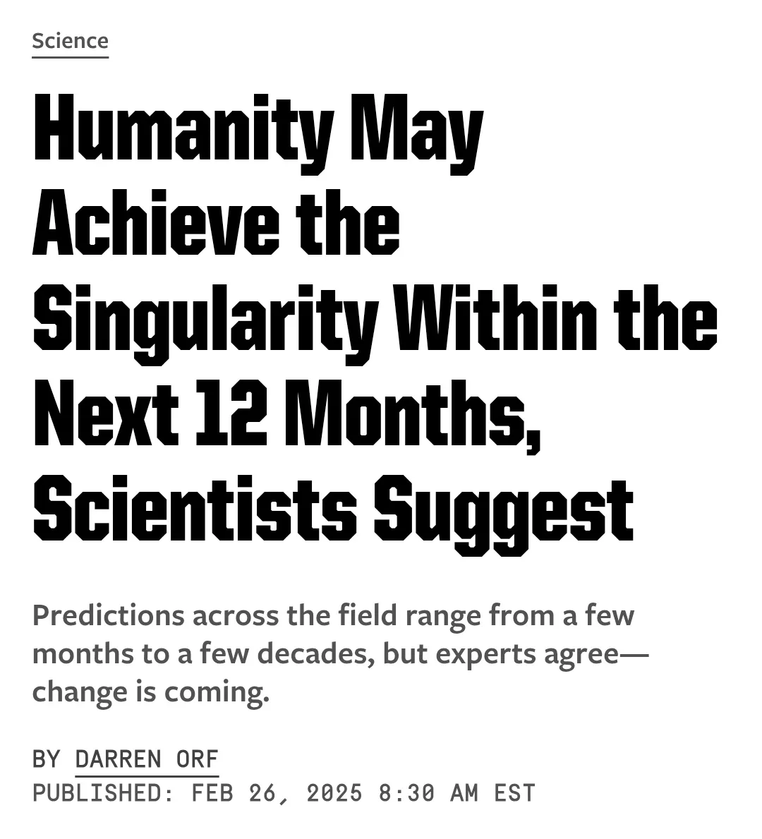 The image displays a mock science news article headline in bold black text on a white background, reading 'Humanity May…