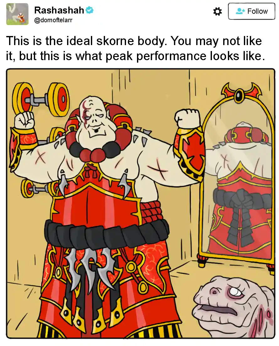 A cartoonish, heavily muscled, bald, red-armored warrior with a bloodied face and multiple wounds holds a dumbbell while…