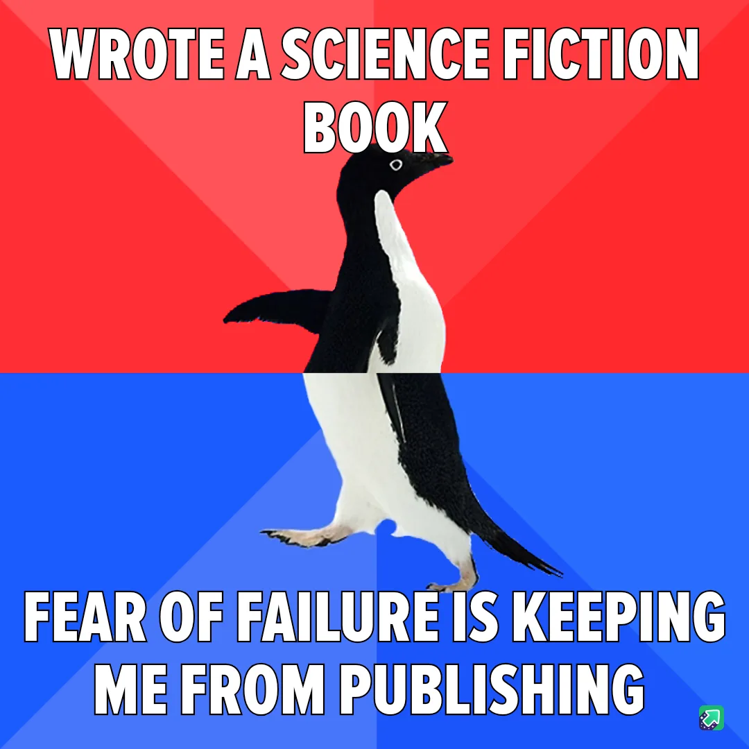 A penguin stands in the center of the image, split by a red and blue background. The top text reads 'WROTE A SCIENCE FICTION…
