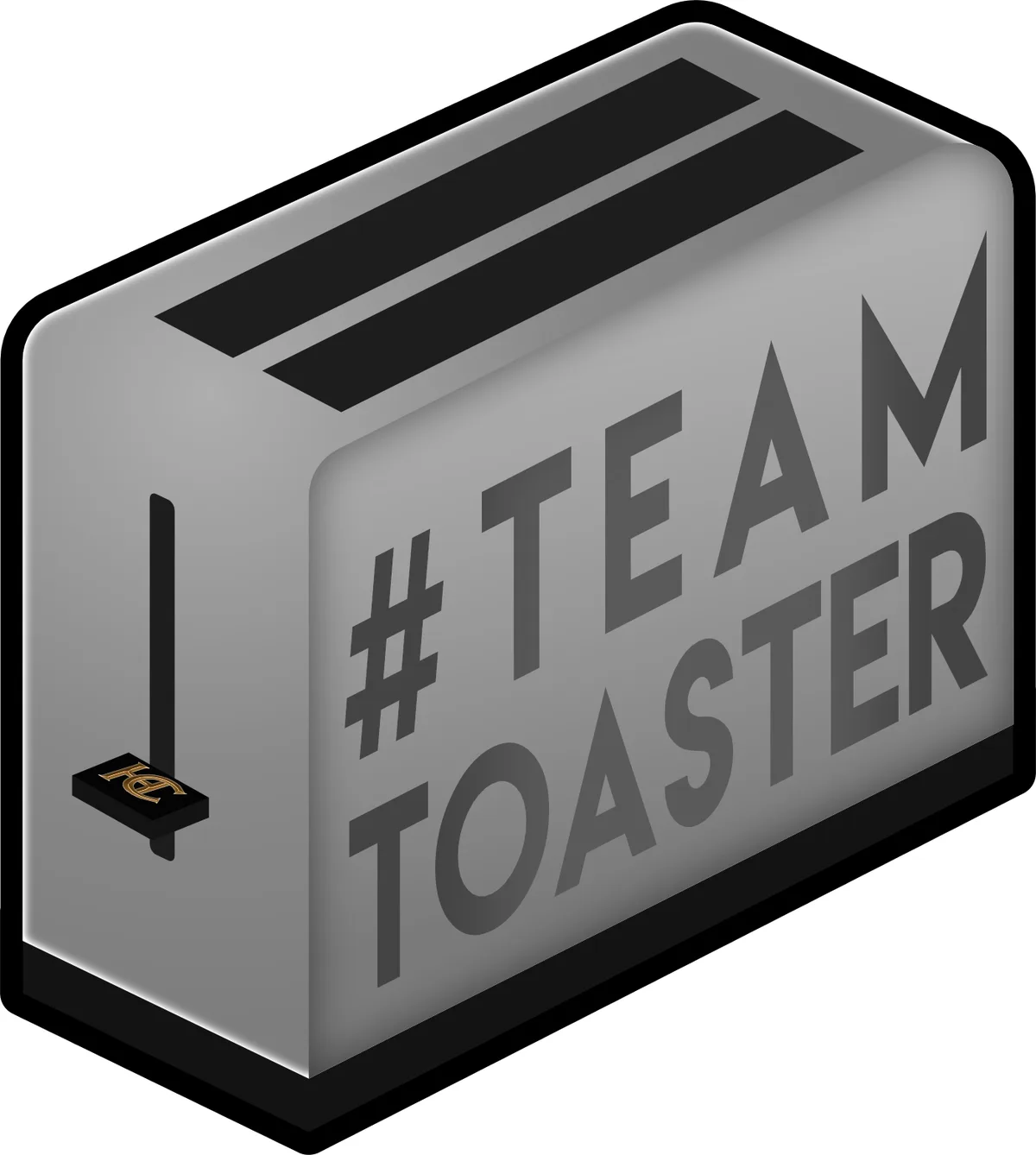 A gray, isometric toaster with a black lever featuring a gold 'HC' logo, and the text '#TEAMTOASTER' prominently displayed…
