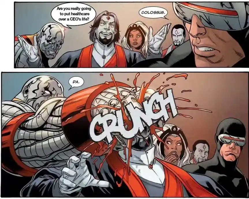 A two-panel comic strip from a Marvel comic shows Colossus being asked if he will prioritize healthcare over a CEO's life…