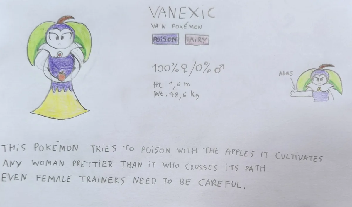 A hand-drawn image presents a fictional Pokémon named 'VANEXIC', labeled as 'VAIN POKÉMON' with Poison and Fairy types. The…