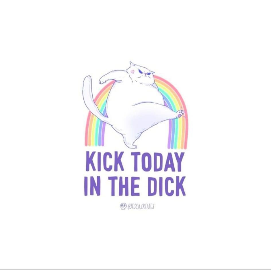 A cartoon illustration of a chubby white cat with heart-shaped eyes and sunglasses, kicking its back leg in a confident pose…