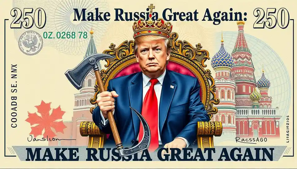 An image of Donald Trump wearing a crown and holding an axe, seated on a throne with St. Basil's Cathedral in the…