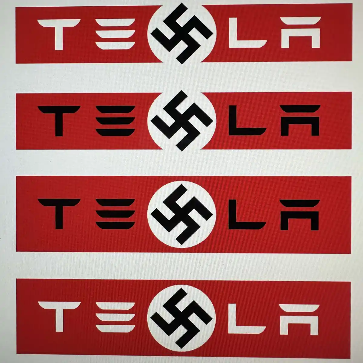 The image displays four variations of a Tesla logo, each with the word 'TESLA' in red and white, but the letter 'S' is…