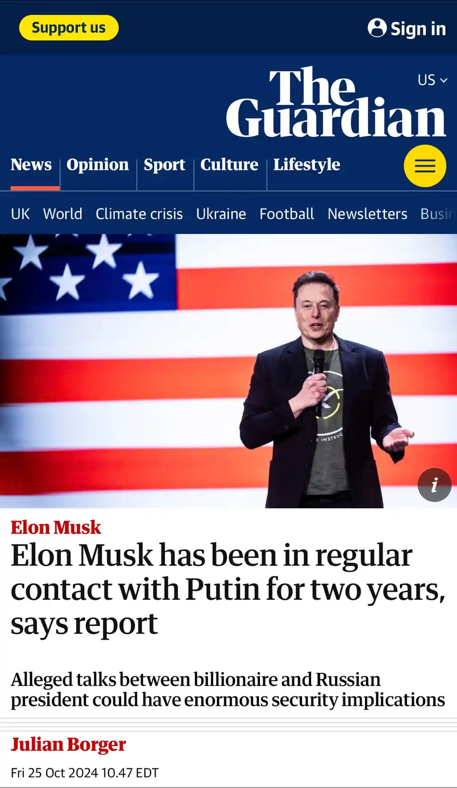 A screenshot of The Guardian's news website shows a headline about Elon Musk allegedly having regular contact with Vladimir…