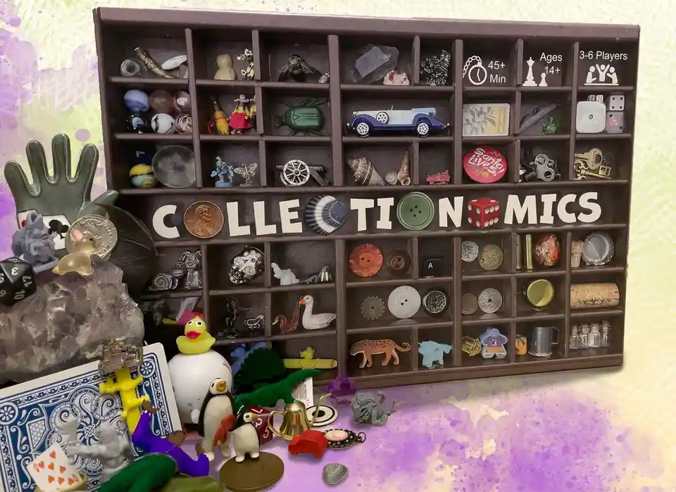 A wooden display case filled with small collectible items like buttons, coins, figurines, and game pieces, with the word…