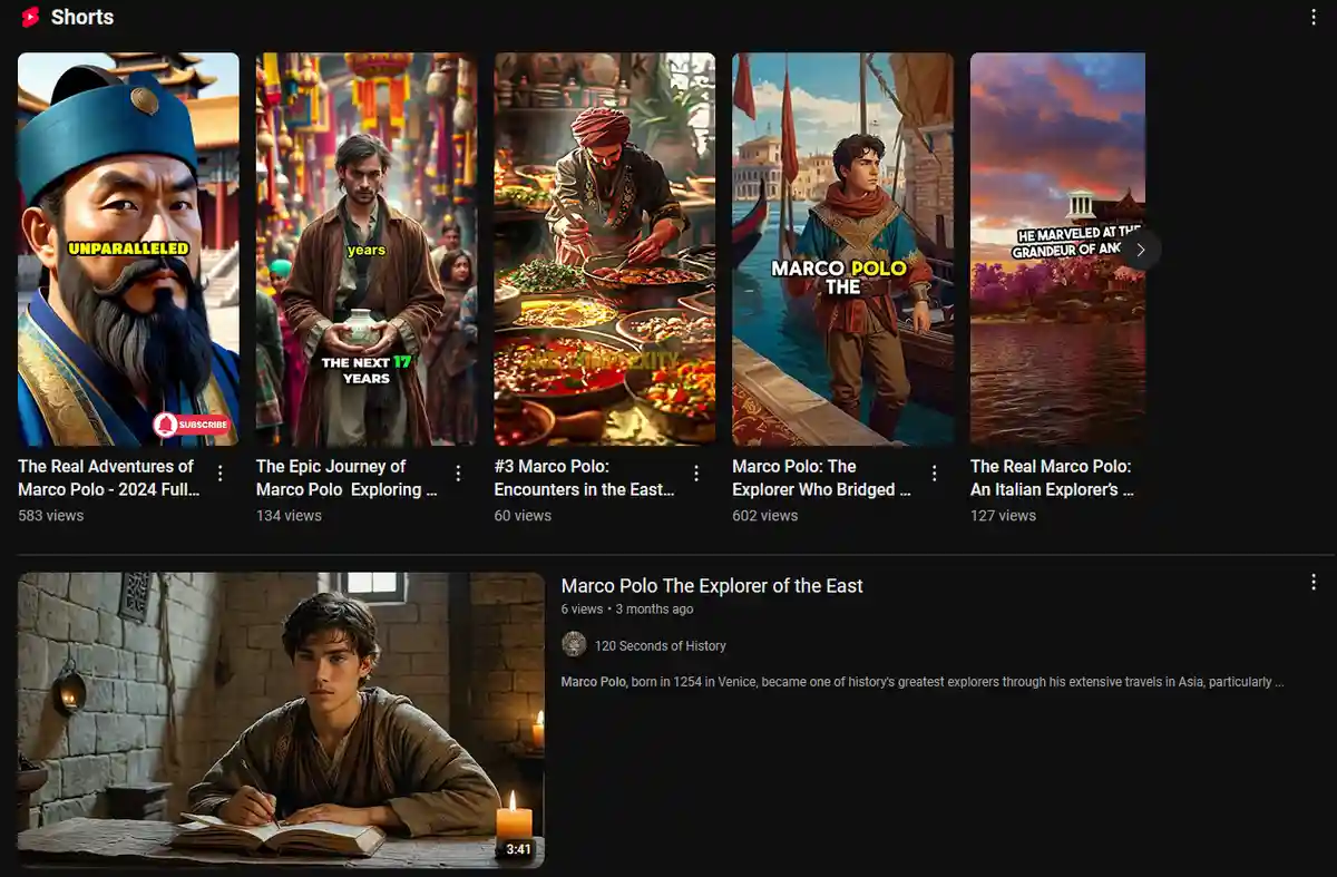 A screenshot of YouTube Shorts showing five video thumbnails about Marco Polo, each with overlaid text: 'UNPARALLELED', 'THE…