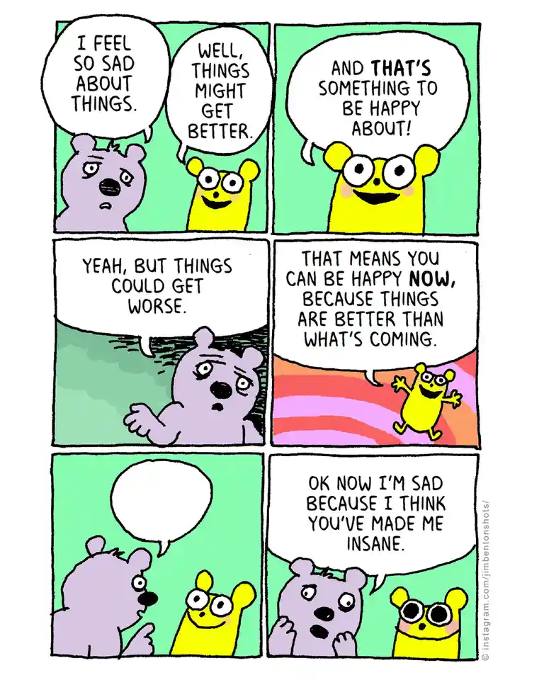 A six-panel comic strip featuring a purple bear and a yellow, cheerful creature. The bear expresses sadness, and the yellow…