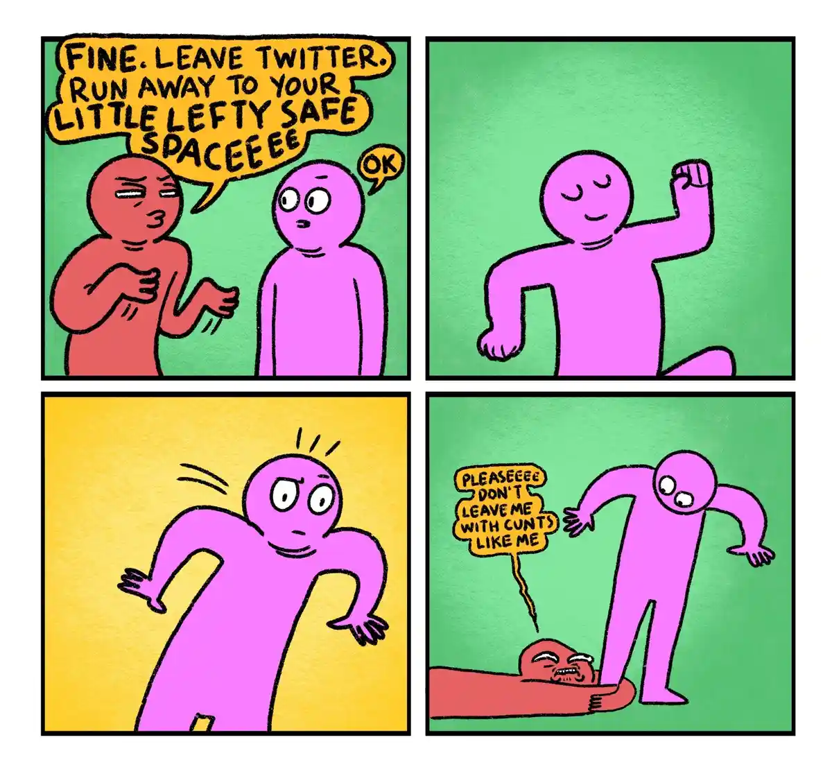 A four-panel comic shows a red character angrily telling a pink character to leave Twitter and go to their 'little lefty…