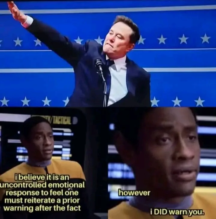 The image is a two-panel meme. The top panel shows Elon Musk in a dark suit, standing at a podium with a blue background…