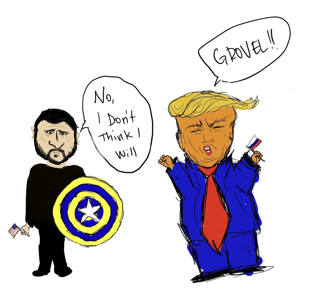 A cartoon depicts a man with a beard holding a Captain America shield and an American flag, saying 'No, I Don't Think I…