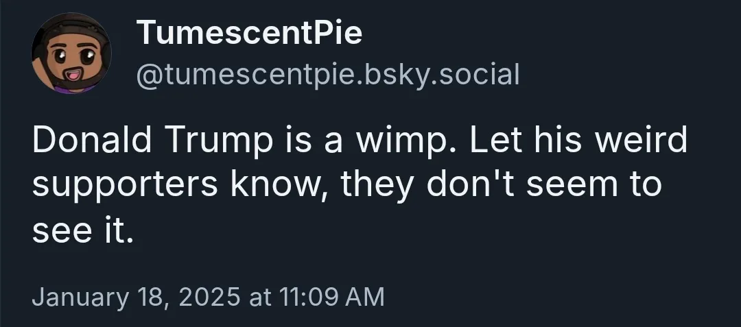 A screenshot of a social media post from a user named TumescentPie, featuring a cartoon avatar of a man with a beard and…