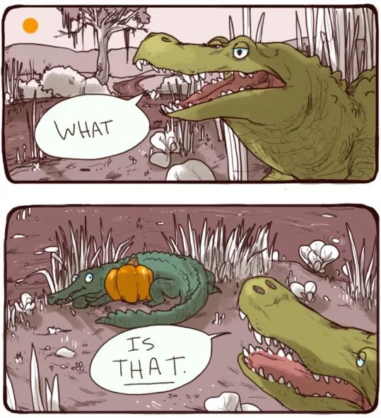 Two-panel comic strip featuring a cartoon alligator. In the top panel, the alligator stares in shock with a speech bubble…