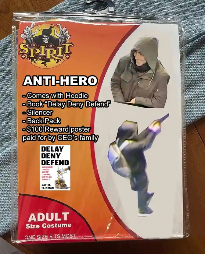 A Spirit Halloween costume package labeled 'ANTI-HERO' features a photo of a man in a hoodie and a blurry action figure. The…