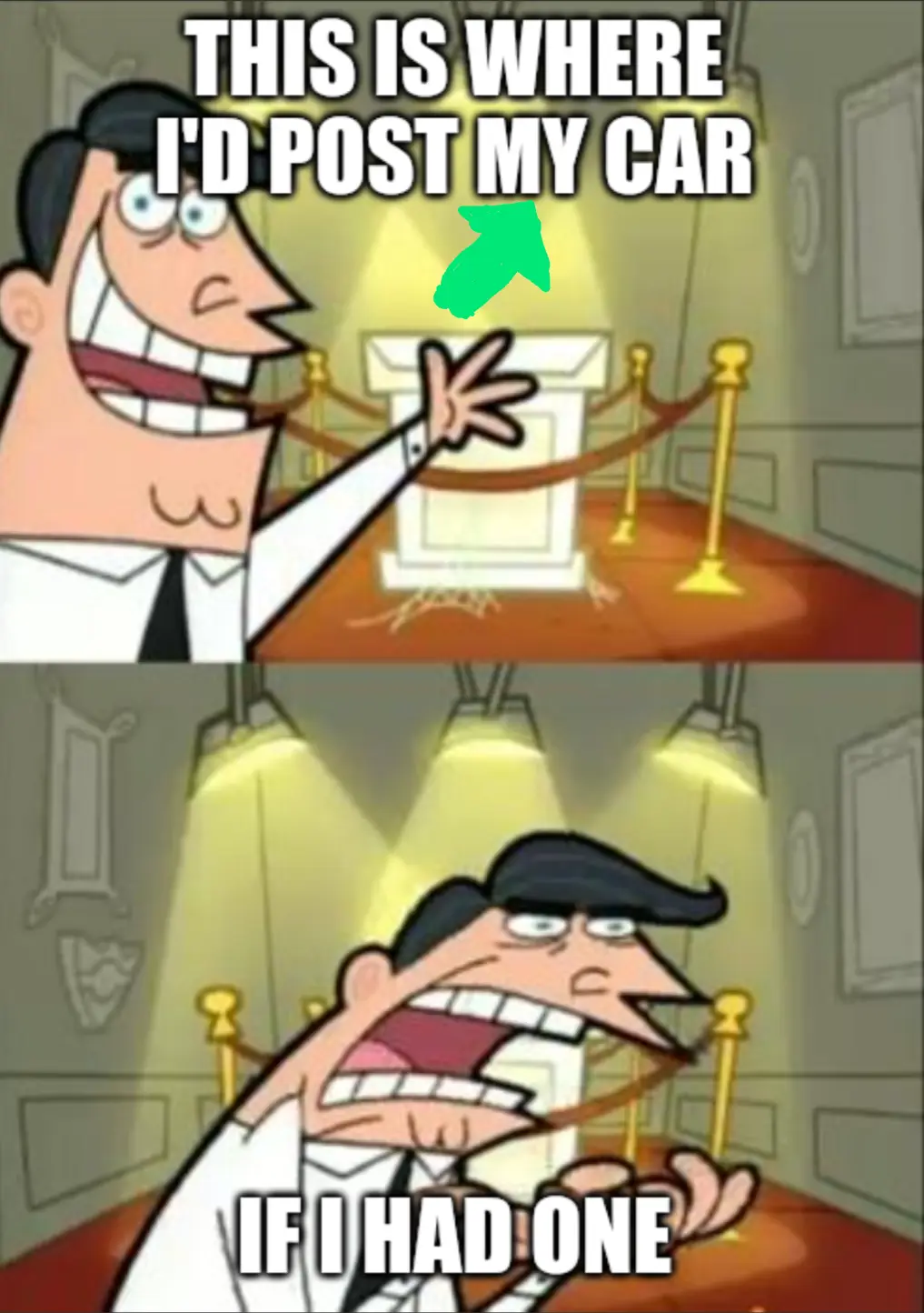 The top panel shows a cartoon man in a suit pointing excitedly at a podium on a red carpet, with text saying 'THIS IS WHERE…