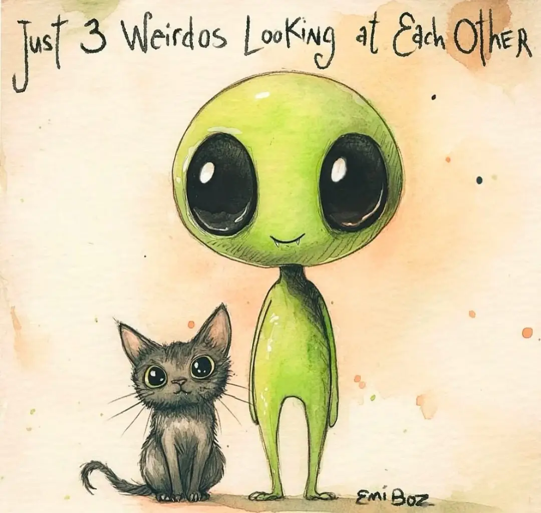 A watercolor illustration shows a large, green, cartoonish alien with big black eyes standing next to a small, gray kitten…