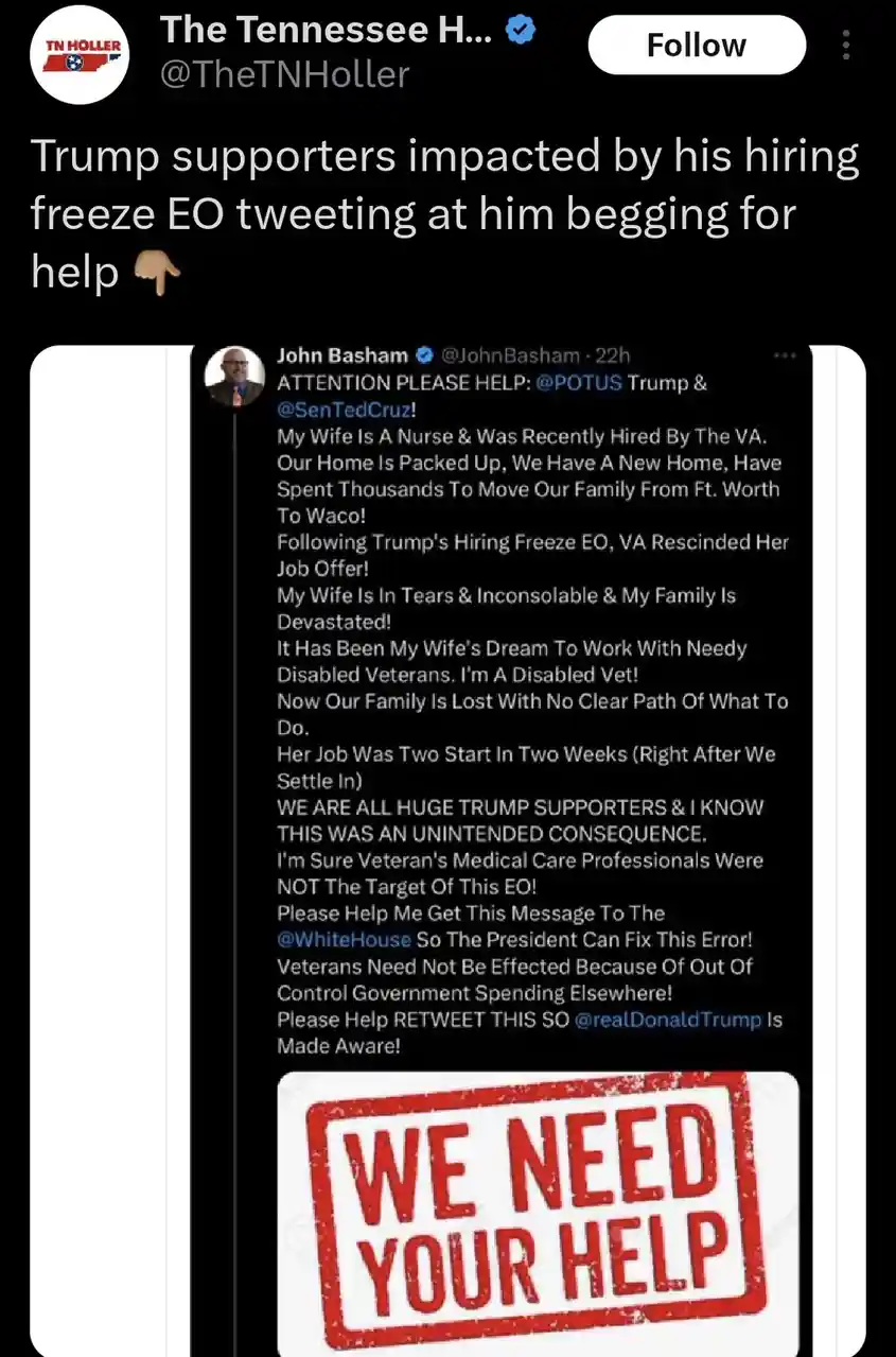A screenshot of a tweet from John Basham, a self-identified Trump supporter, pleading for help because his wife, a VA nurse…