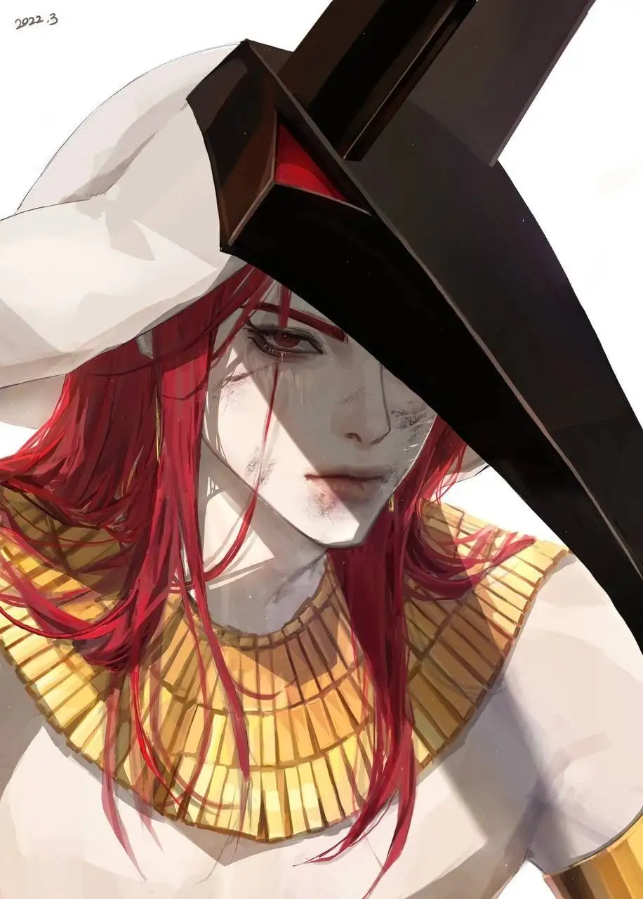 An anime-style illustration of a character with long red hair, wearing a white hat and golden collar, holding a large black…