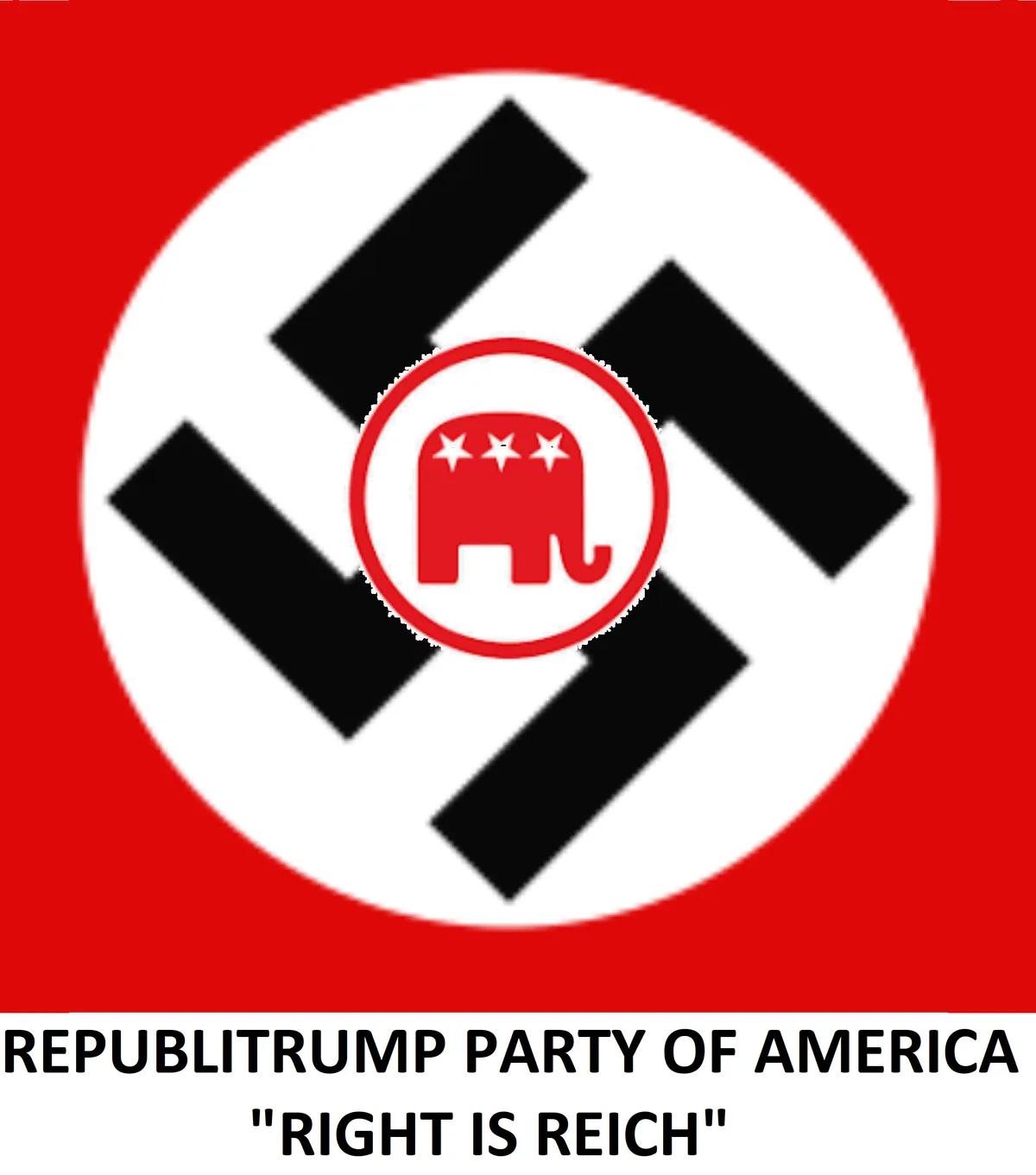The image displays a red background with a white circle containing a black swastika. At the center of the swastika is a red…