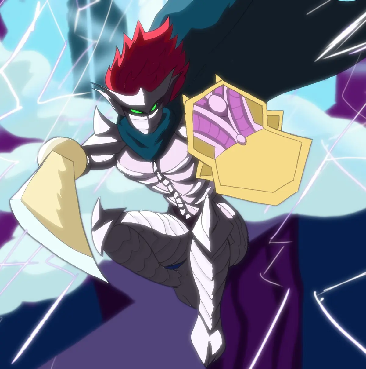 An anime-style character with red spiky hair, green eyes, and a white and black armored outfit is shown in a dynamic pose…