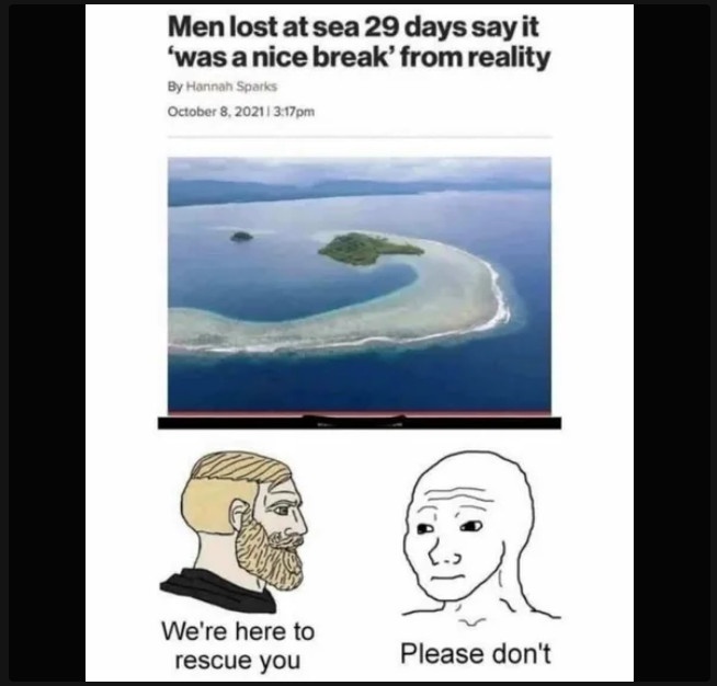 An image mimicking a news article with a photo of a small island surrounded by ocean, overlaid with the headline 'Men lost…