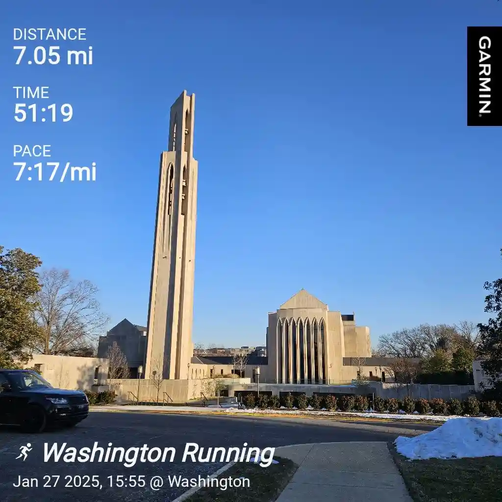 A Garmin fitness tracker screenshot shows a 7.05-mile run completed in 51 minutes and 19 seconds with a pace of 7:17 per…