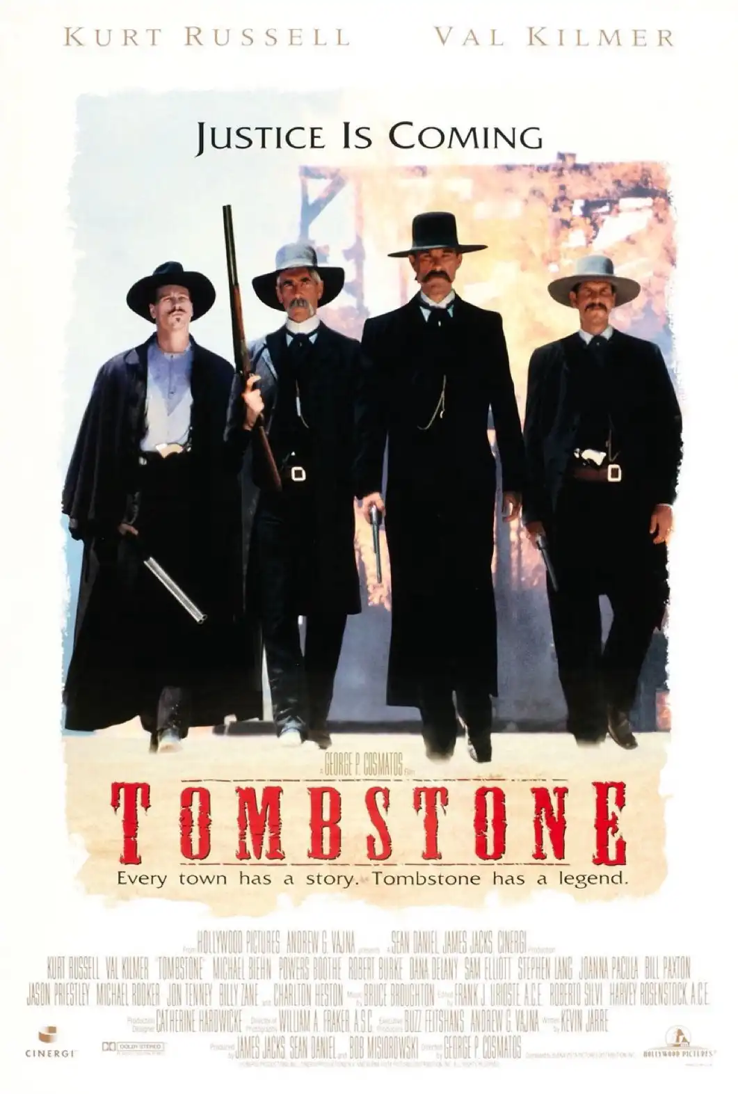 The movie poster for 'Tombstone' features four men in Western attire walking forward, with the tagline 'Justice Is Coming'…