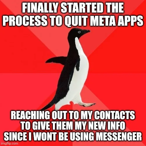 A black-and-white penguin stands against a red background with white text overlaid. The top text reads 'FINALLY STARTED THE…